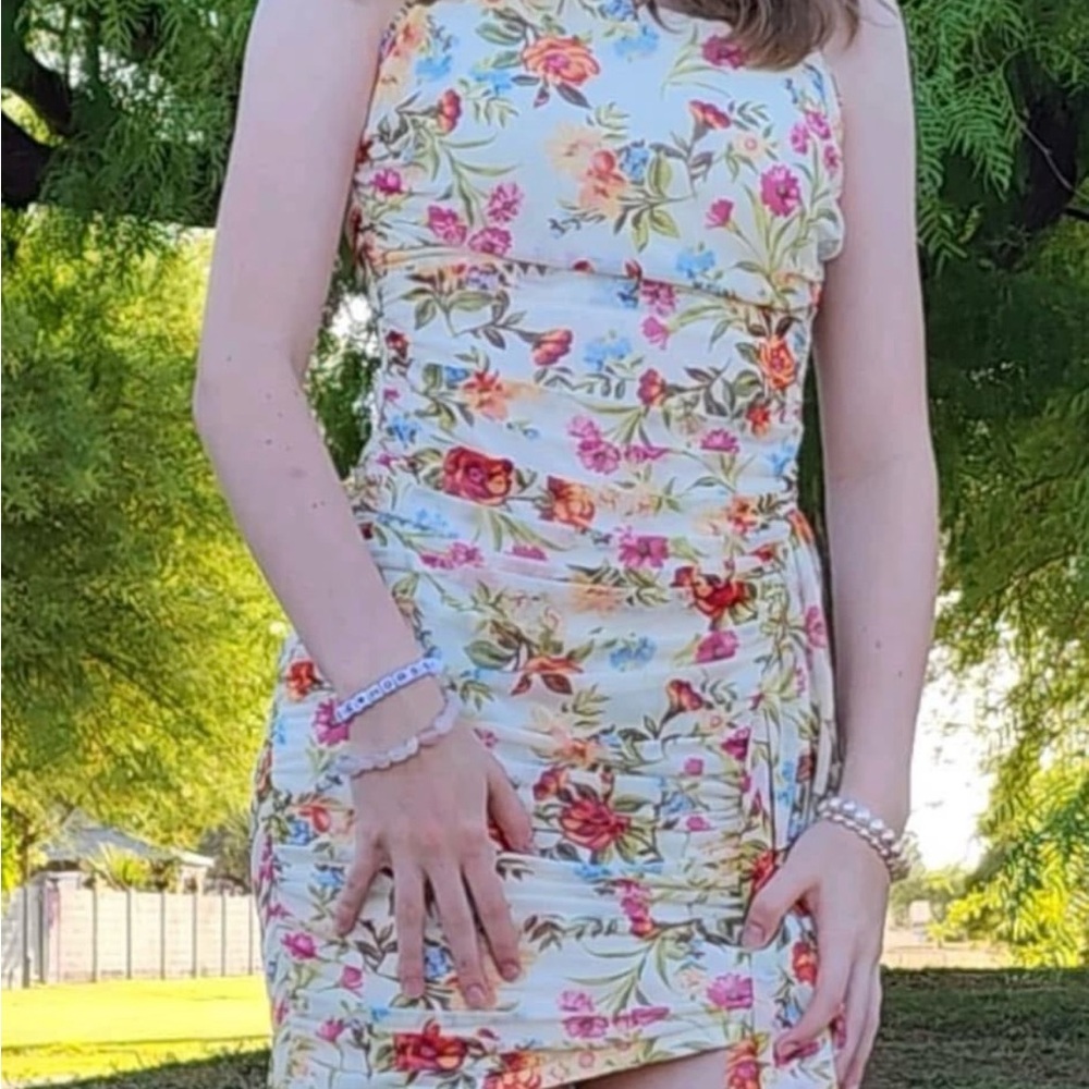 Sz 7/8 Macys Ruched floral Halter Mini Dress juniors dance shower wedding guest